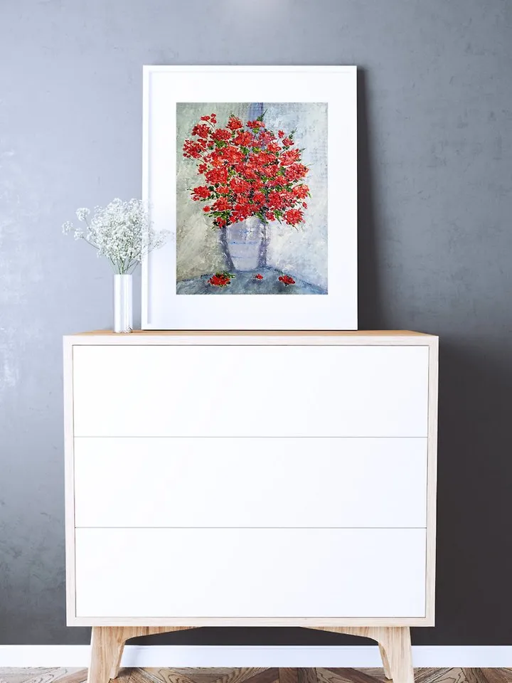 Oil painting Bright red flowers in a white vase Impasto Art 25 x 20 centimeters