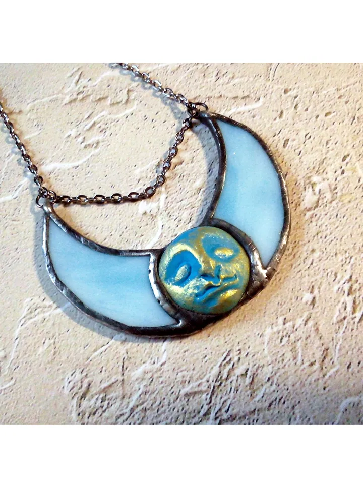 Stained glass blue moon, Moon Goddess, Moon phase necklace, Stainglass crescent, Full moon pendant, Moon face necklace