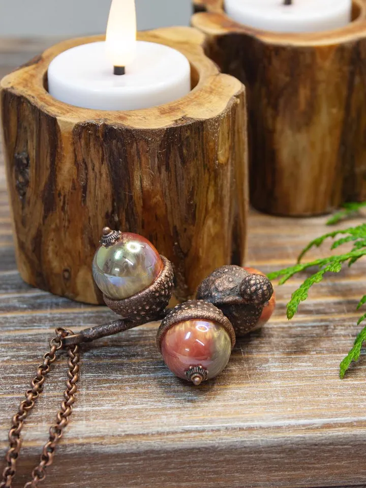 An original handmade electroformed copper pendant made from natural acorn caps in a single copy.