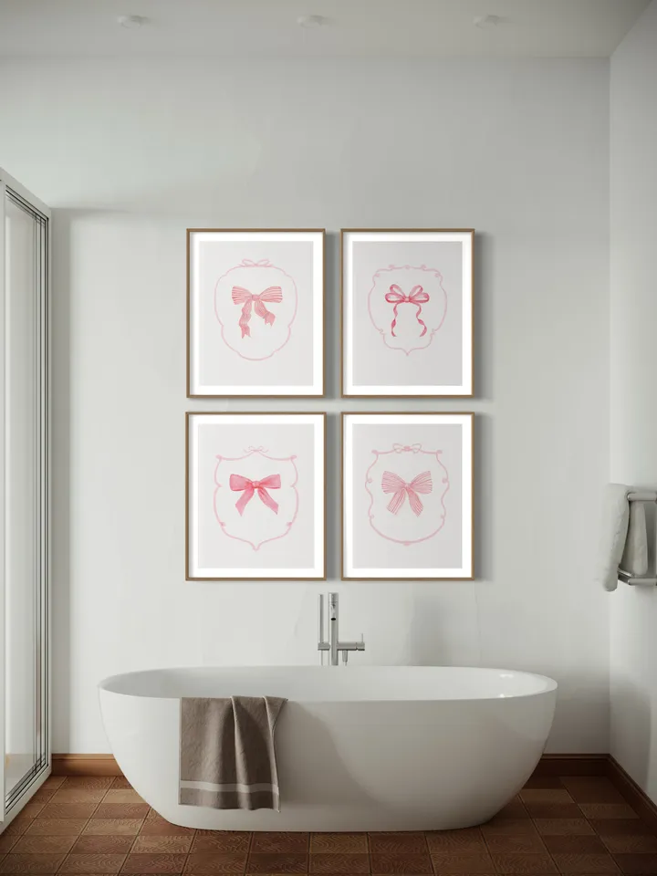 Pink Bow Set Of 4 Watercolor Painting, Love Shack Fancy, Preppy Girls Gift, Baby Bow Art, Nursery Decor, Watercolor Bow, Little Girl Nursery