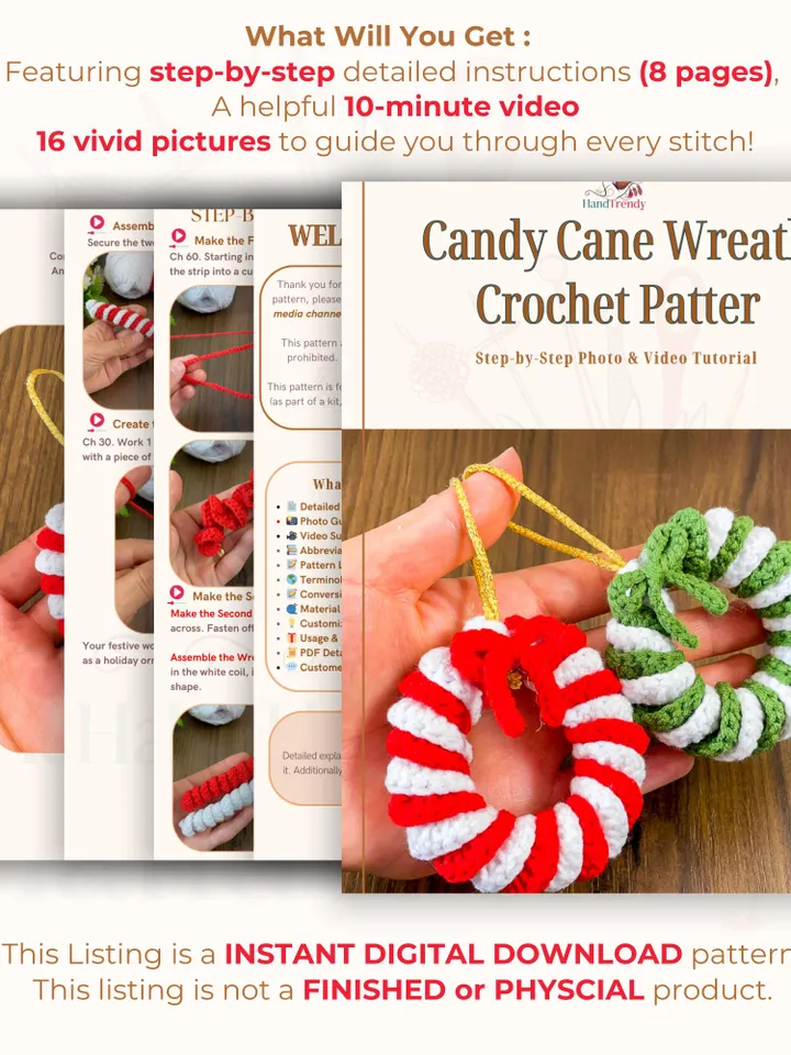 Candy Cane Wreath Crochet Pattern, Christmas Ornament PDF, DIY Holiday Wreath Tutorial, Beginner Friendly Crochet, Handmade Décor Idea
