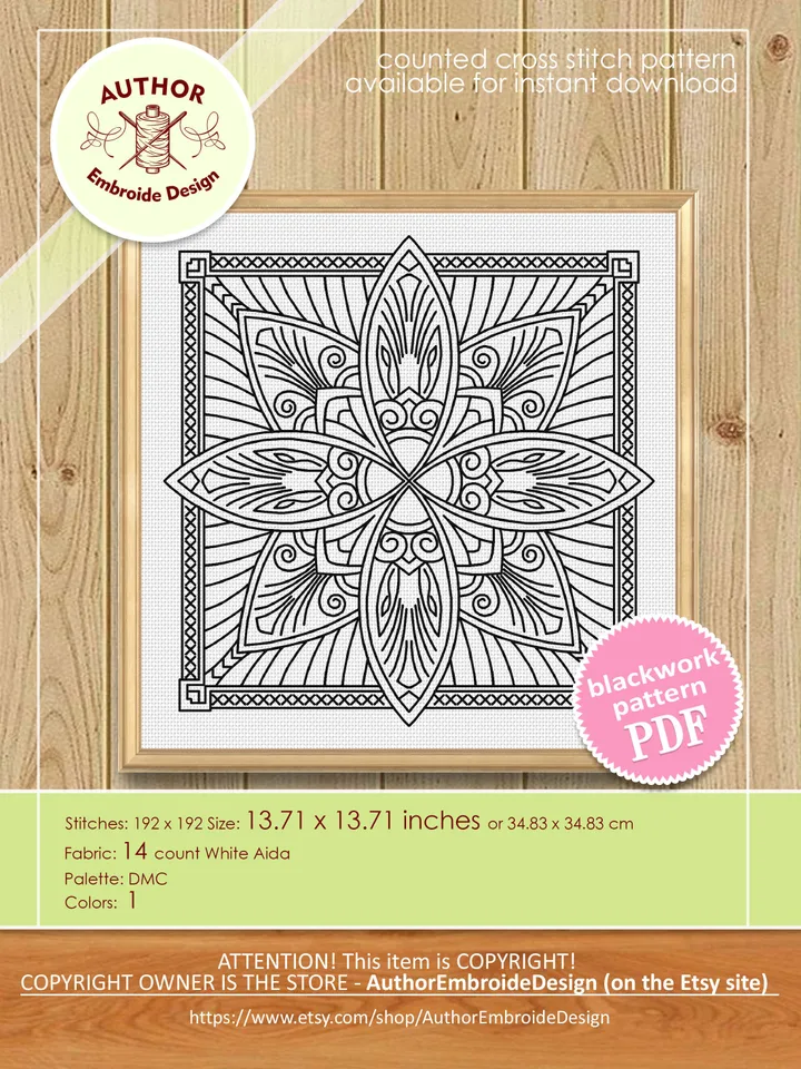 Square mandala blackwork pattern PDF download Mandala ornament hand embroidery PDF, Backstitch chart for embroidery pillow, Mandala art #W44