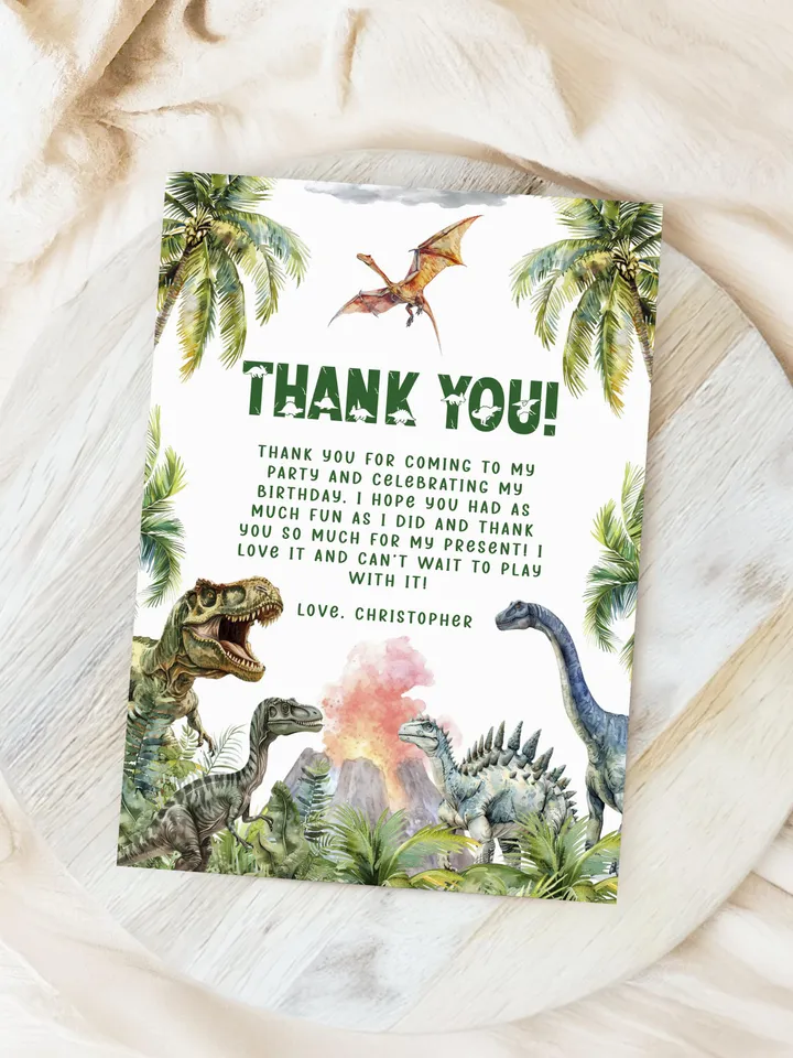 Dinosaur Thank You Card Template, Printable Thank You Card, Dinosaur 1st Birthday Thank You Card Editable Template, Dino Birthday Card i100