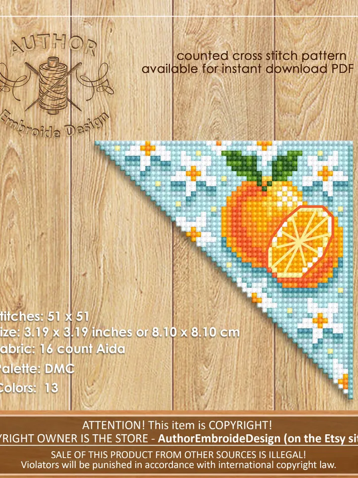 Corner bookmark cross stitch pattern PDF download Orange fruit cross stitch chart, Floral bookmark corner digital PDF, Book lover gift #B181