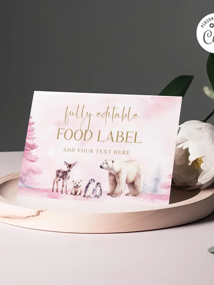 Editable Food Labels, Pink Winter Onederland Food Label Card, Woodland Birthday Food Tags, Folded Food Cards, Tented Food Label i123