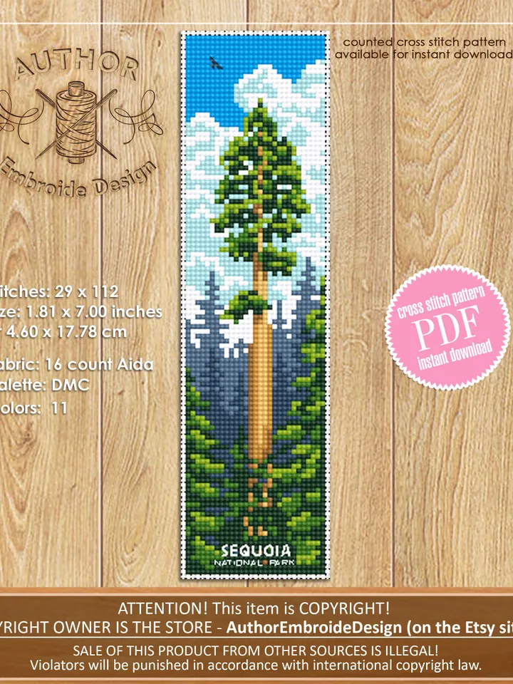 Sequoia National park bookmark cross stitch pattern PDF download Nature cross stitch chart, Digital bookmark pattern, Forest landscape #B175