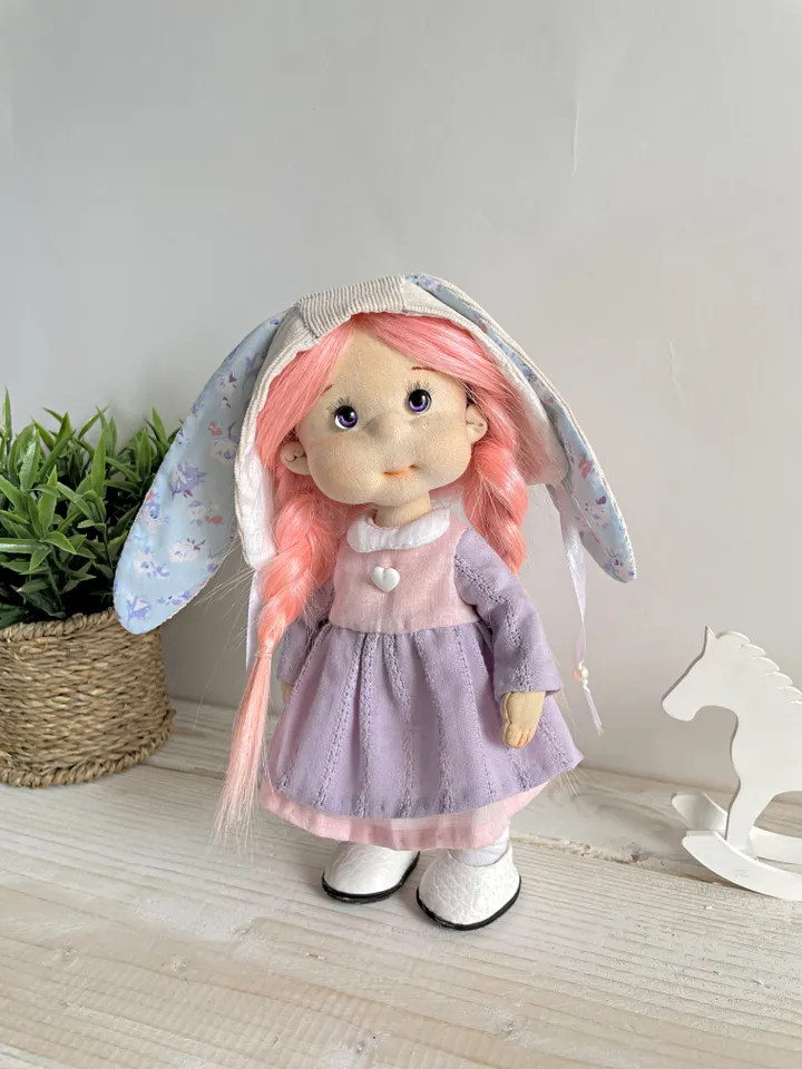 Handmade Bunny Textile Doll Waldorf Style Collectible Art Doll Heirloom Gift (20cm) Birthday Gift for Girl