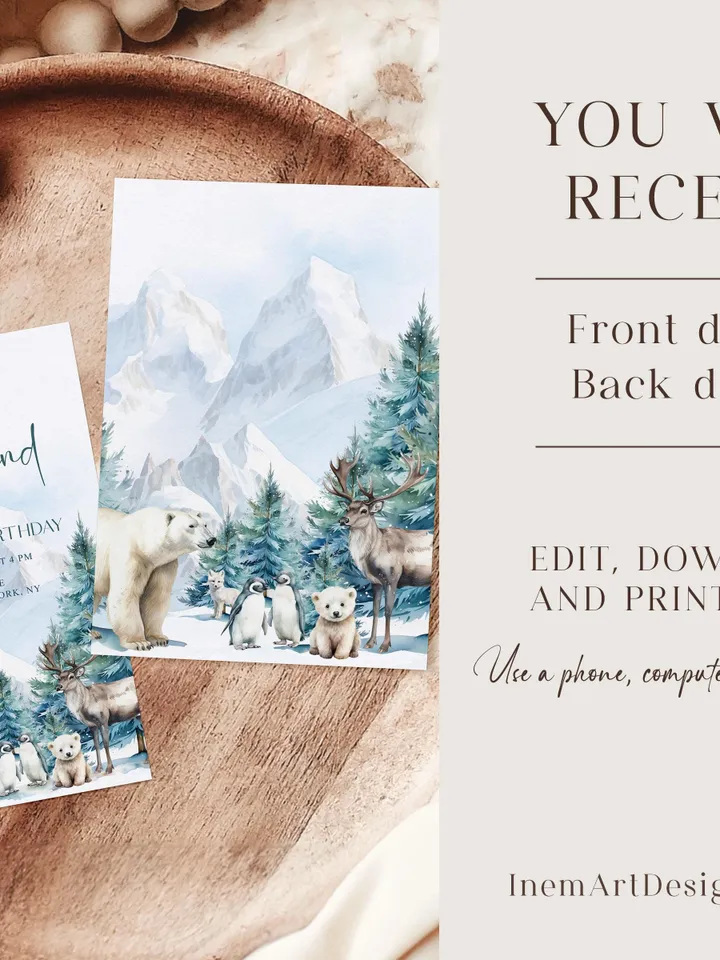 Winter Onederland 1st Birthday Invitation, Snow Woodland 1st Birthday Invite, Winter Onederland, Printable 1st Birthday Invitation - I132