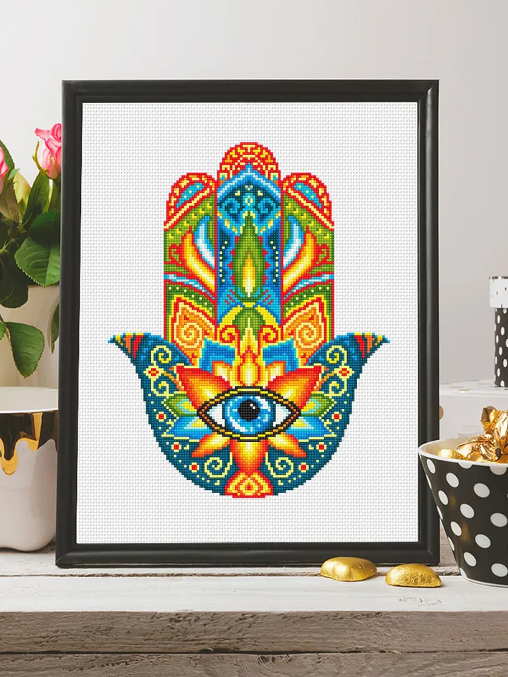 Hamsa hand cross stitch pattern download PDF, Mandala pattern PDF, Colorful Hand of Fatima cross stitch, Evil eye hamsa beginner stitch #M76