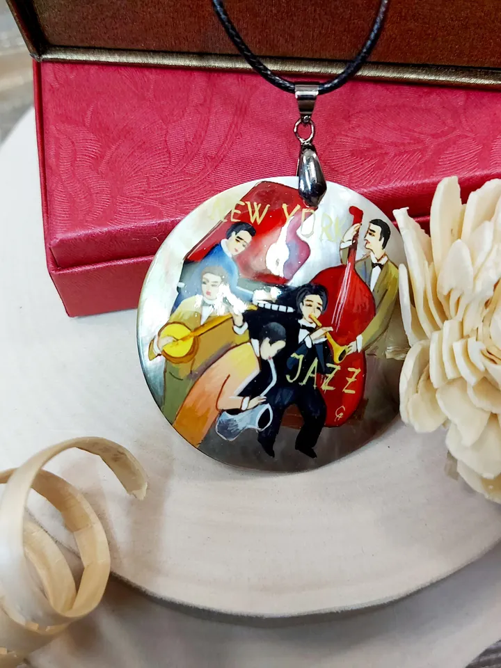 Necklace "Jazz". Mother-of-pearl Russian hand-painted. Hand paint necklace pendant. MOP.Hand painted miniature painting