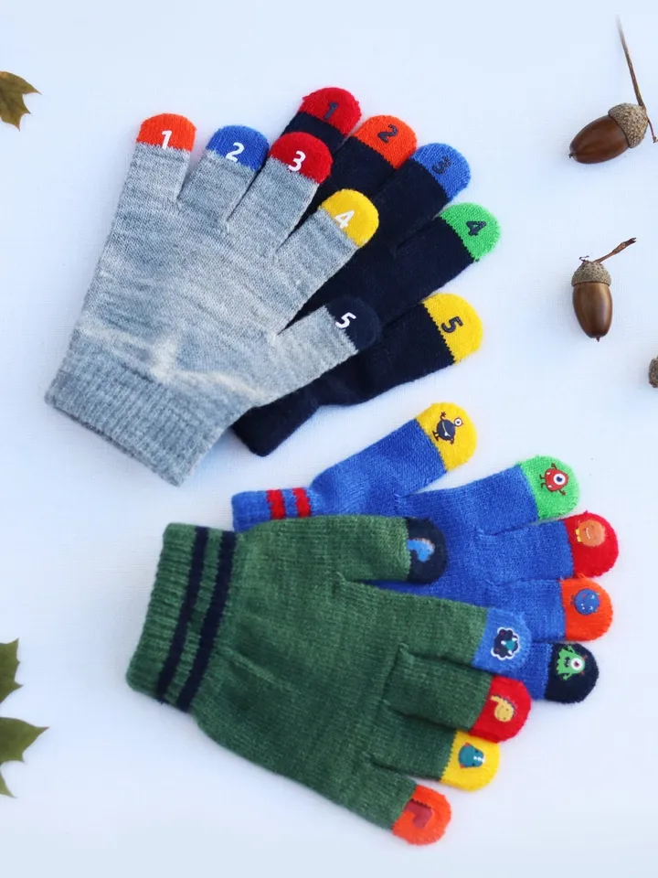 Gloves for boy, Kids finger gloves, toddler stretch winter gloves, colourful fun hands