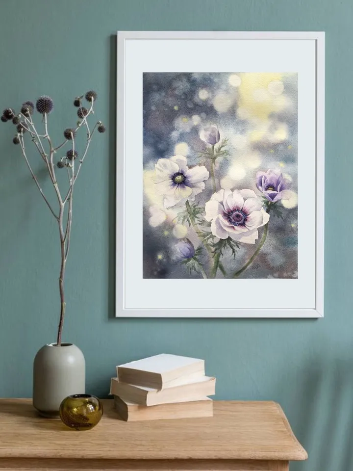 Flowers Original Watercolor Painting Wall Art Anemones Painting