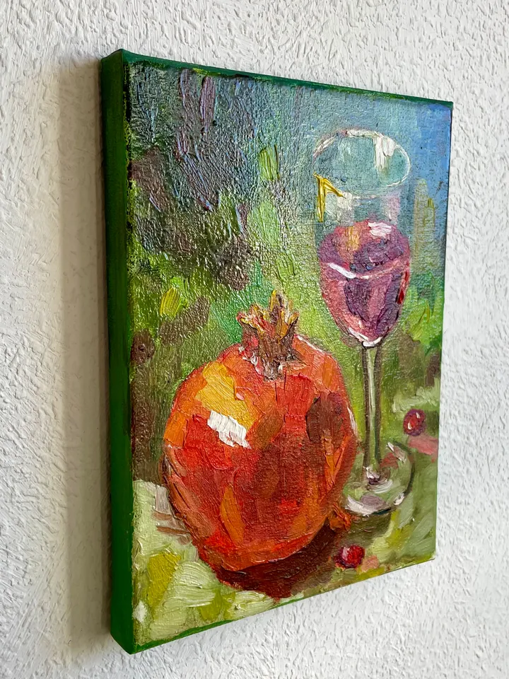 Pomegranate fruit painting Original, Wine Glass Still Life Painting, Small modern art 8" x 6"