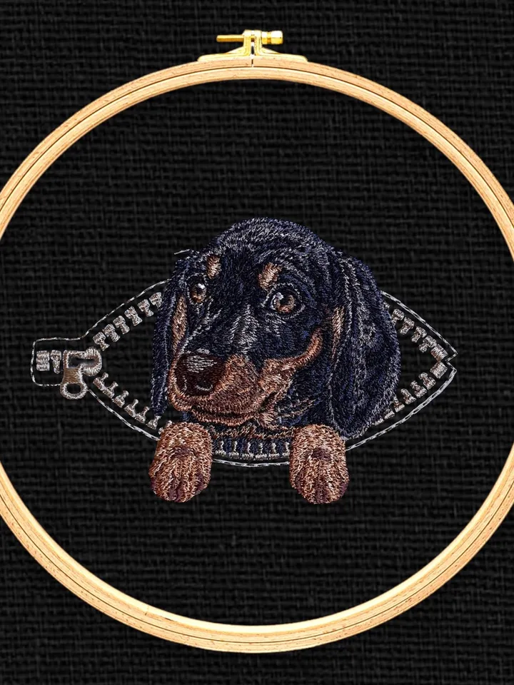 Dachshund in a zipper pocket Miniature realistic machine embroidery design Pet design dog realistic pattern puppy embroidery motif