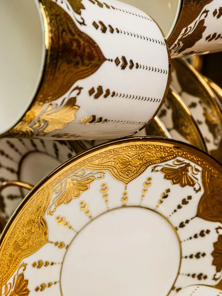 14K Genuine Gold Powder Porcelain Tea Cups And Saucers | Tea Cups Saucers Set | Gold Porcelain Set | Elegant Teaware | Gift For Tea Lovers
