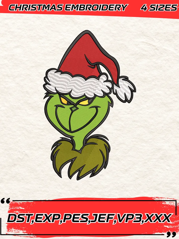 Grinch With Santa Hat Embroidery Design,Christmas Embroidery Design,4 Sizes,Digital Download