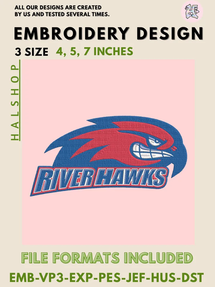 NCAA UMass Lowell River Hawks Round Logo Embroidery, NCAA UMass Lowell River Hawks Logo Embroidery Files, NCAA Teams, Machine Embroidery Designs, Digital Download