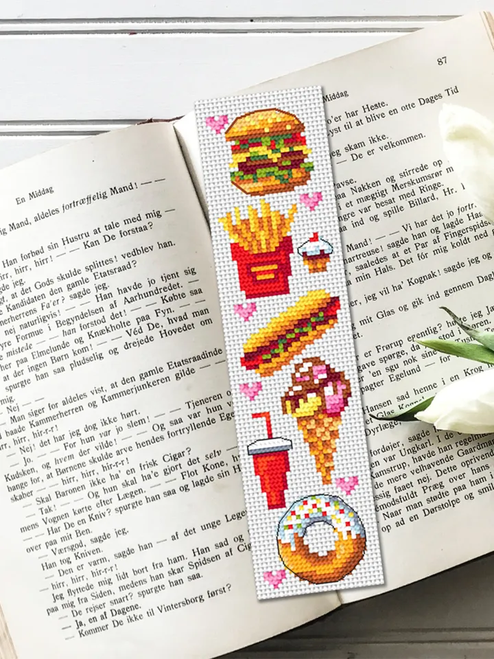 Fast food bookmark cross stitch pattern download PDF Simple handmade bookmark digital PDF, Food cross stitch chart, Small hamburger #B106