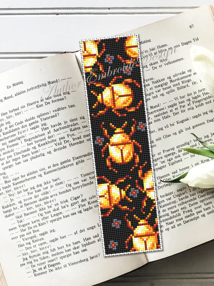 Golden scarab beetle bookmark cross stitch pattern PDF download Bug cross stitch chart, Bookmark pattern digital PDF, Book lover gift #B282