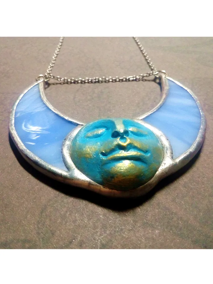 Stained glass blue moon, Moon Goddess, Moon phase necklace, Stainglass crescent, Full moon pendant, Moon face necklace