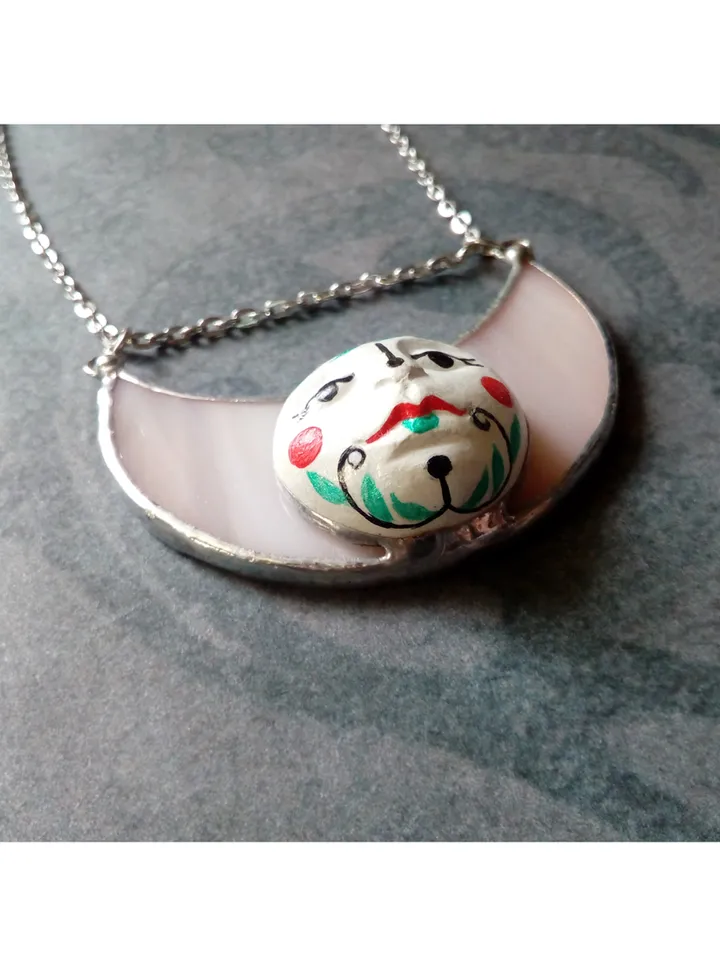 Stained glass moon, Moon Goddess, Moon phase necklace, Stainglass crescent, Full moon pendant, Moon face necklace