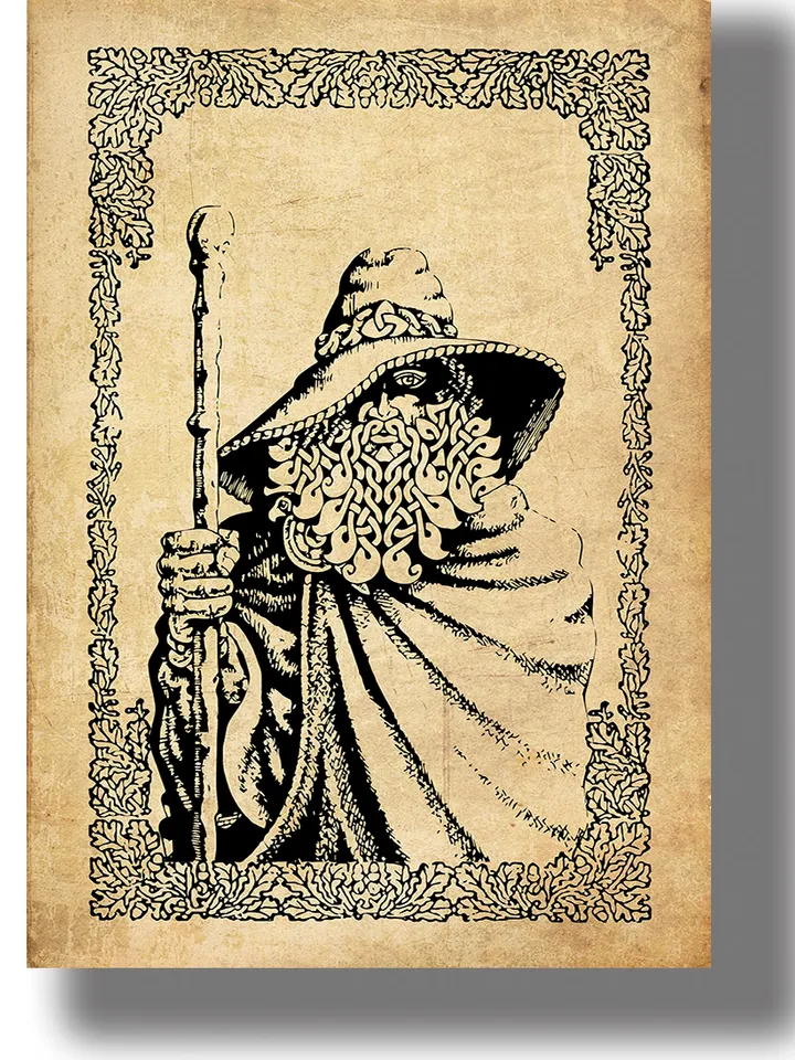 Odin as a wanderer. Black metal style artwork.