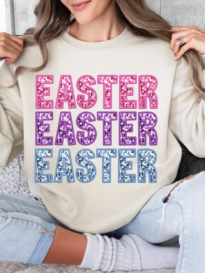 Trendy Easter Embroidery Sparkly Faux Sequins Easter Png, Cute Easter Day Shirt Design, Trendy Easter Day Png, Trendy Sublimation, Digital