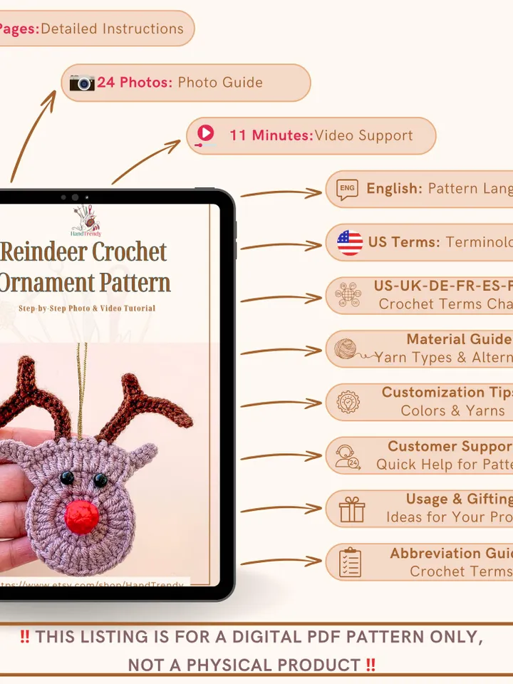 Reindeer Crochet Ornament Pattern, Handmade Holiday Ornament PDF Tutorial for Beginners, Perfect for Christmas Gifts and Decorations