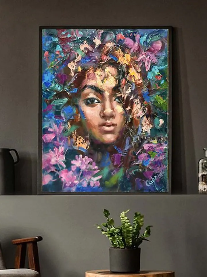 Girl Painting Original Painting Portrait Woman Artwork Flowers
