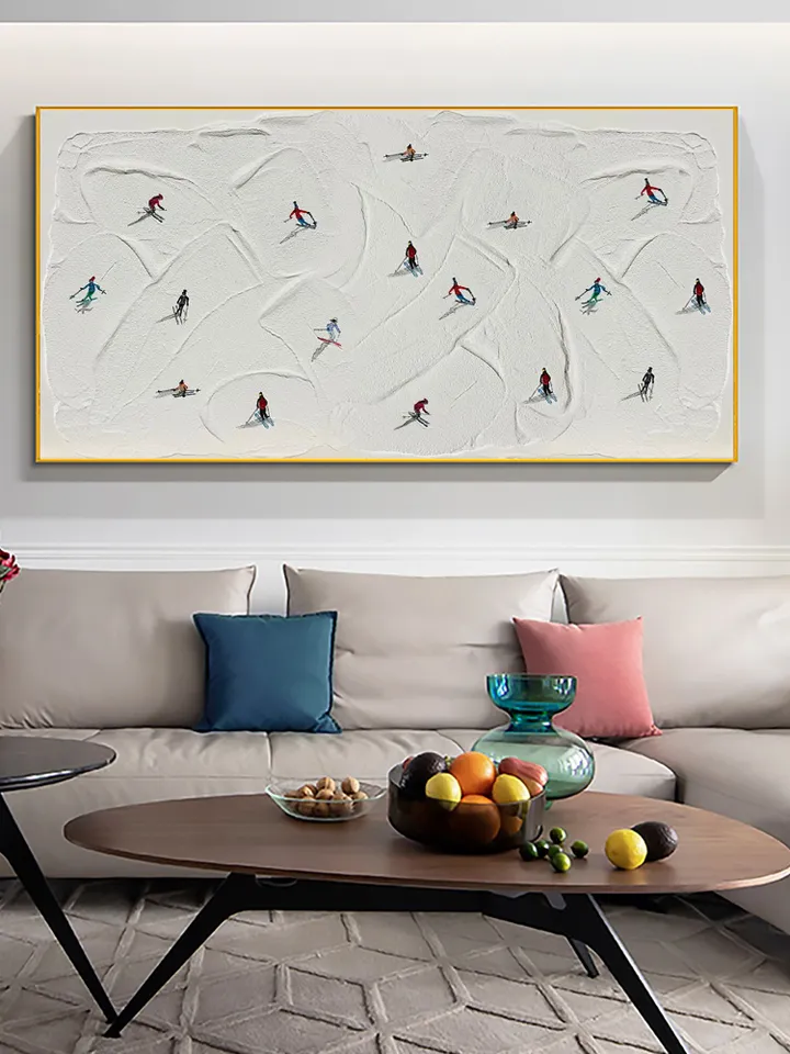 Large Original Ski Sport Painting on Canvas, Texture Wall Art, Skier on Snowy Mountain Art White Snow Skiing Art Custom Painting, Home Decor