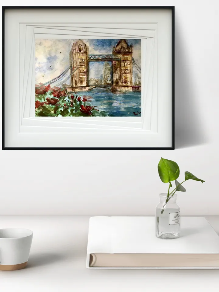 London tower bridge,original watercolour painting,London cityscape,England painting,world capitals wall art,London in flowers,home decor