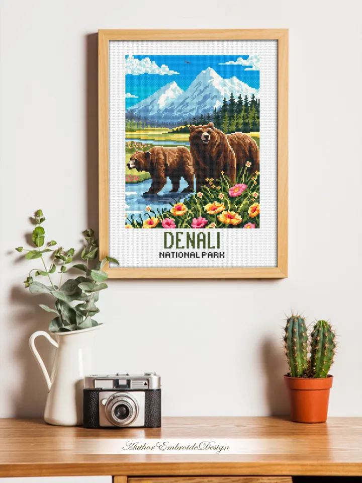 Denali national park cross stitch pattern PDF download Bear cross stitch chart, Mountain landscape pattern digital PDF, Travel poster #L99