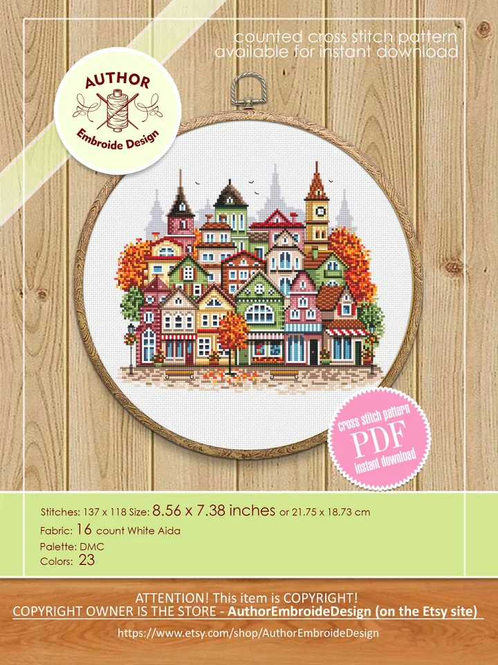 Set of 3 Season houses cross stitch pattern PDF download Christmas city cross stitch chart, Urban landscape pattern digital PDF #E20