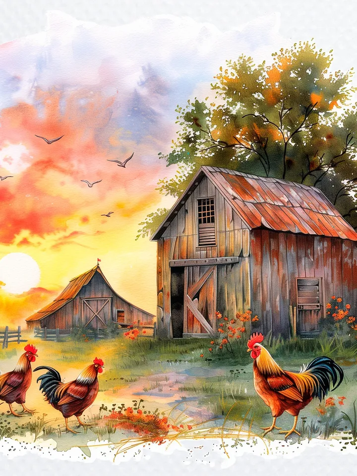 20 Farmyard in Sunrise Clipart, Printable Watercolor Farm landscape clipart for sublimation, High Resolution, junk journal, Paper craft
