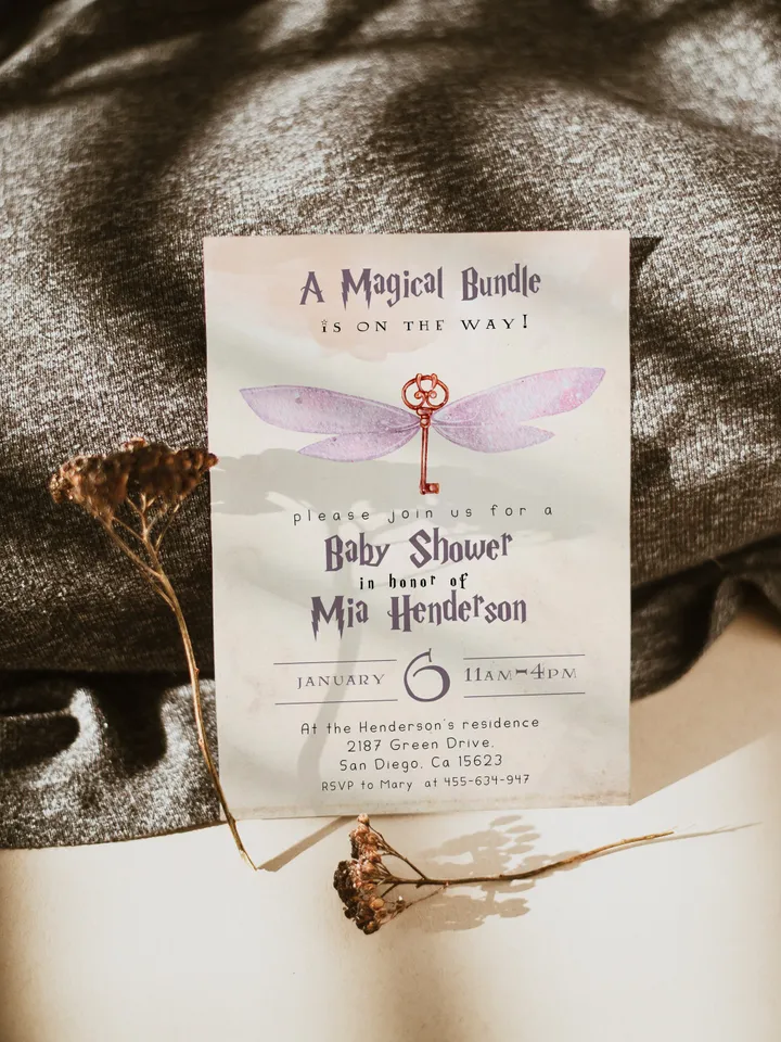 Wizard Baby Shower Invitation; Magic School Baby Schower Invite template; A Magical Bundle on the Way; Magic School Invite editable canva