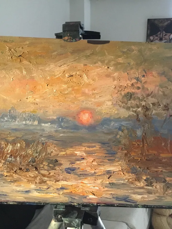 Sunset on the river,original oil painting on canvas board,landscape oil painting