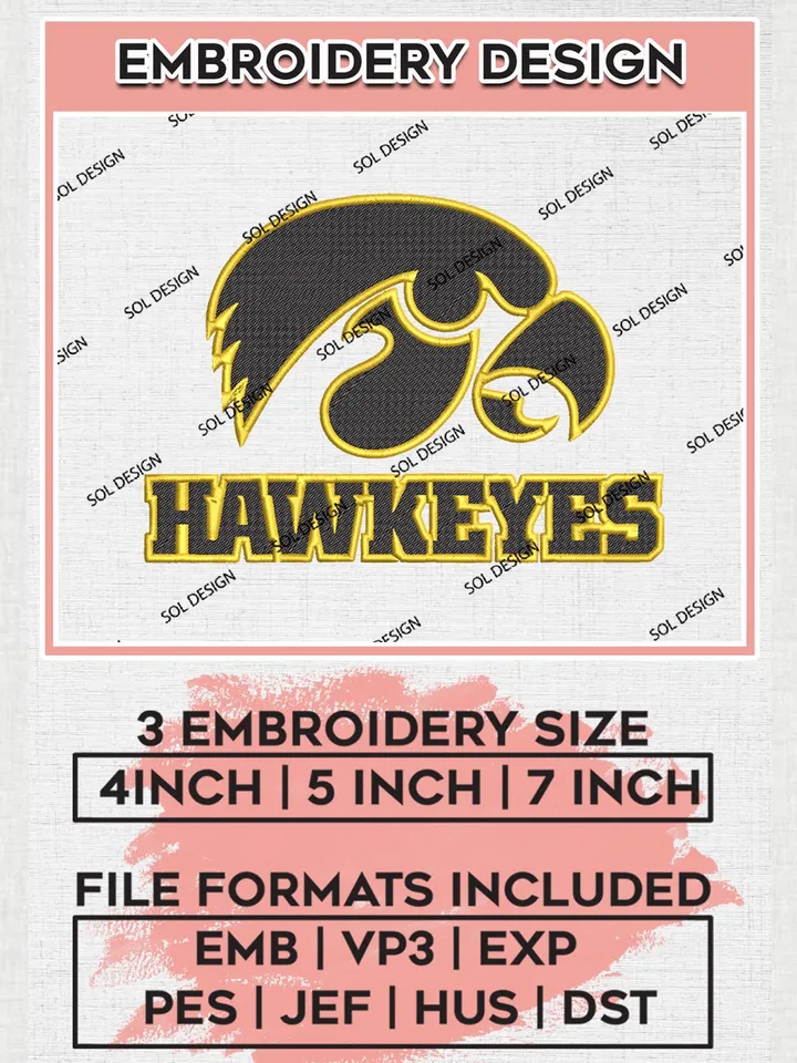 NCAA Hawkeyes Team Mascot Logo Machine Embroidery Design, NCAA Iowa Hawkeyes Team Design Design files, NCAA Team Embroidery Designs, NCAA Machine Embroidery Designs, Digital Download