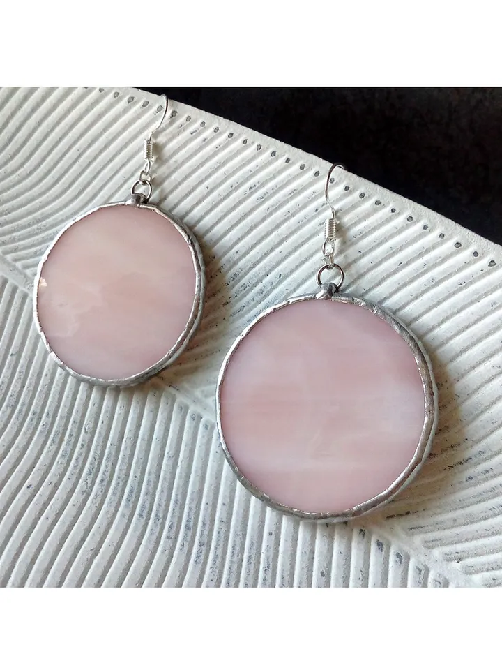 Stained glass Pink earrings, Dangle earrings, Geometric earrings, stainglass cute earrings, Round stained glass