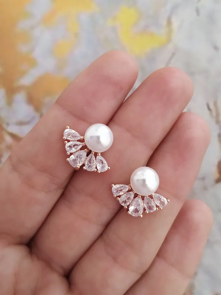 Diamond Stud Wedding Earrings, Pearl Bridal Earrings