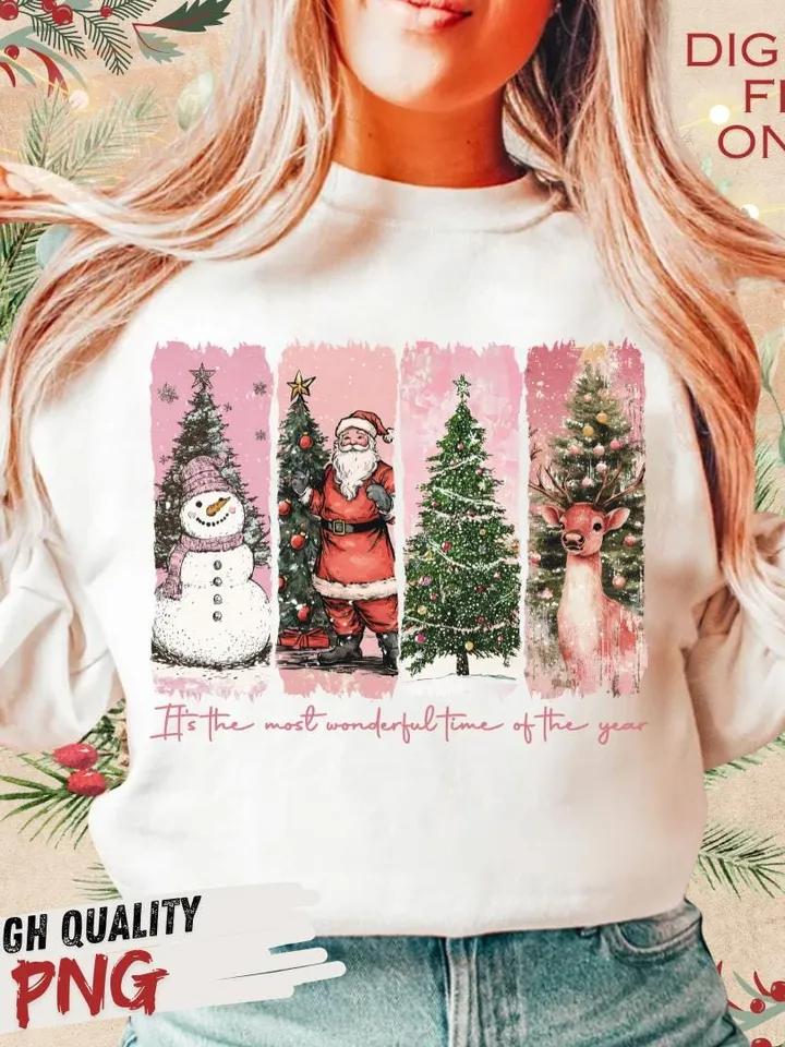 Pink It's the most wonderful time of the year png, Santa Claus png, Vintage Christmas png, Christmas Coquette bow png, Reindeer snowman png