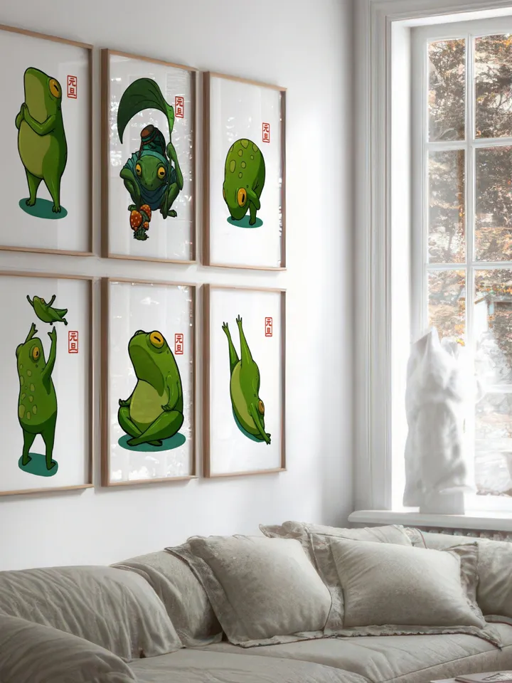 Japanese Matsumoto Hoji Frog Set of 9, Vintage Frog Woodblock Poster, Ukiyo-e Frog Print, Japanese Frog Printable Wall Art, Digital Download