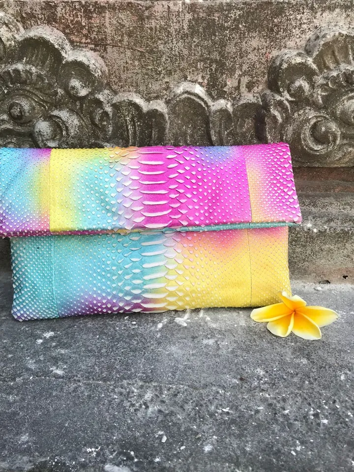 Genuine python skin multicolor rainbow envelope clutch| Foldover Woman Summer Purse | Elegant Classy Clutch bag | Snakeskin small bag