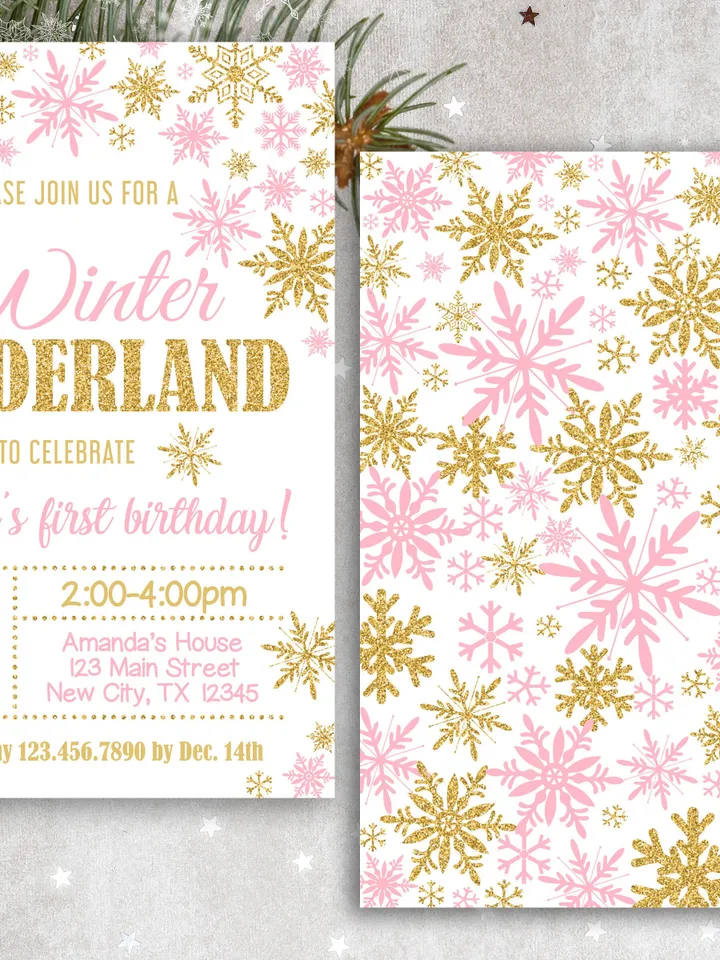 Winter Onederland Invitation Girl 1st Birthday Invitation, Winter Wonderland Birthday Invitation, Pink Gold Snowflake Editable Template