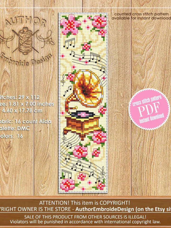 Music bookmark set cross stitch pattern PDF download Treble clef cross stitch chart, Flower bookmark pattern digital, Music lover gift #B412