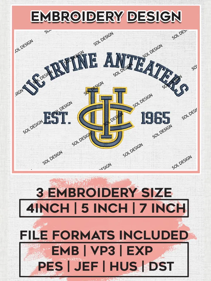 NCAA UC Irvine Anteaters Football Team Est 1965 Logo Embroidery Design Files, NCAA UC Irvine Anteaters Machine Embroidery, NCAA Teams, Game Day, 3 sizes, NCAA Machine embroidery designs, Digital Download