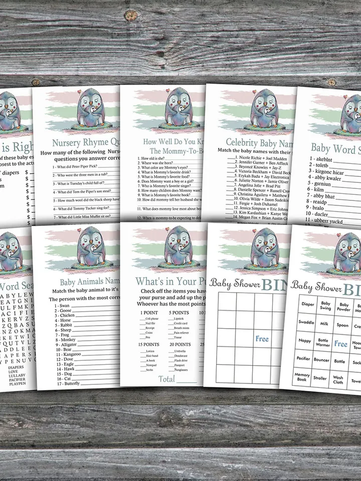 Winter animals baby shower games bundle,Penguin Baby Shower games package,Fun Baby Shower Games,9 Printable Games-384