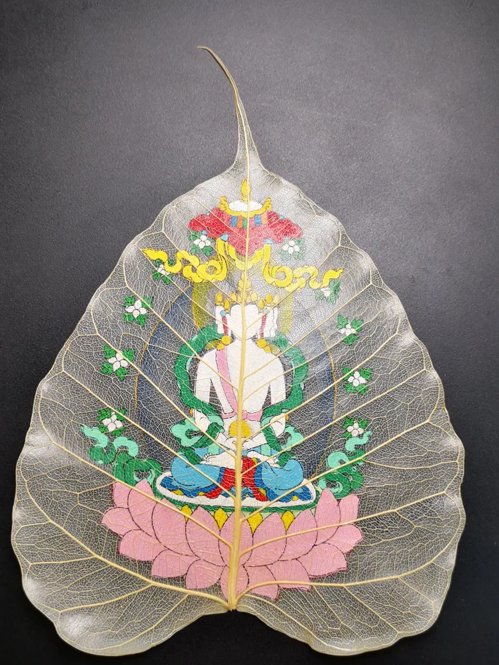 Gandhanra Handpainted Bodhi Leaf Thangka,Packed in Wooden Picture Frame,Painted with Natural Mineral Pigments,Vairocana Thangka