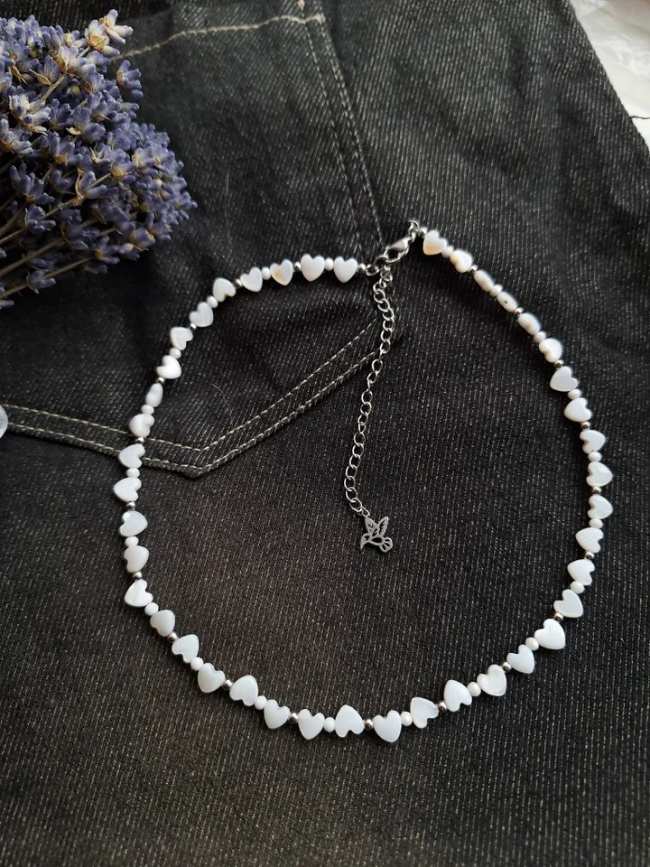 White hearts mother of pearl shell choker cute delicate jewelry for women charming thin necklace