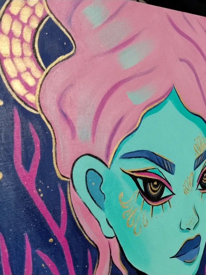 Gorgon Fantasy Original Acrylic Painting with Gold Paint