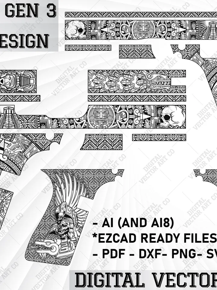 Glock 19 Gen 3 Aztec Design,glock aztec patterns,aztec dragon vector,mayan svg,laser cut files, Stippling patterns,glock engraving,svg,ai8.